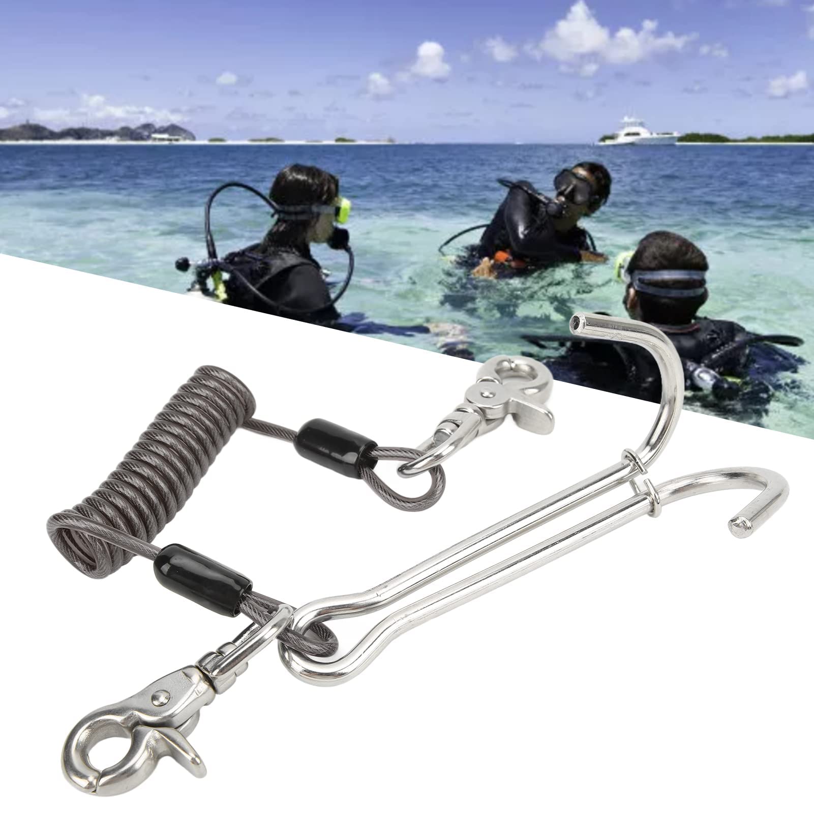 Gancio per barriera corallina subacquea, in acciaio inossidabile 316, gancio doppio per immersioni subacquee, con cordino a spirale per immersioni e nuoto