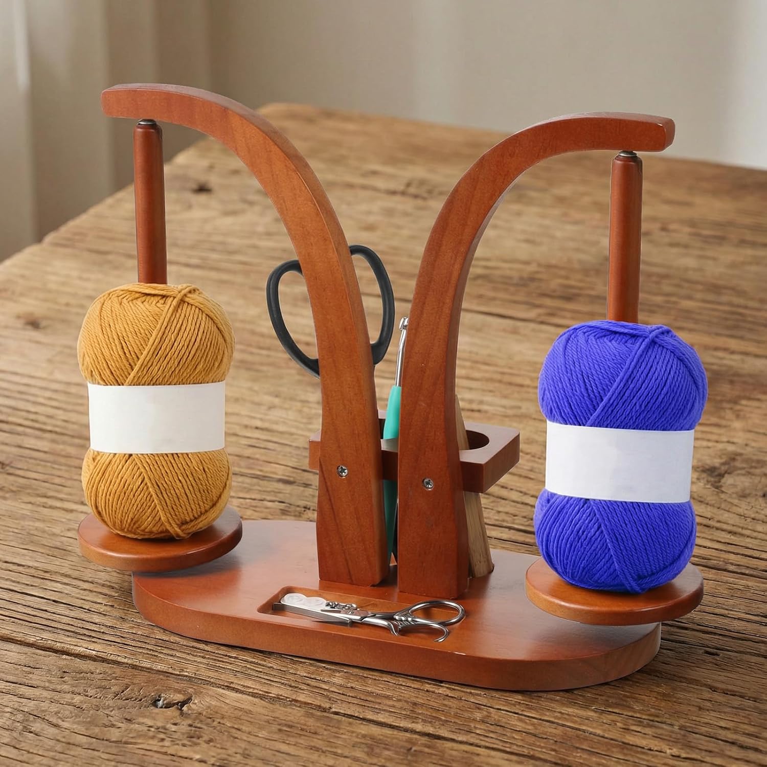 YBEATY Yarn Holder for Crocheting Knitting, Wooden Yarn Ball Holder Spinner with Double Spindles Rotating Mechanism Anti-Slip Pads, Crochet Gift for Knitting Lovers