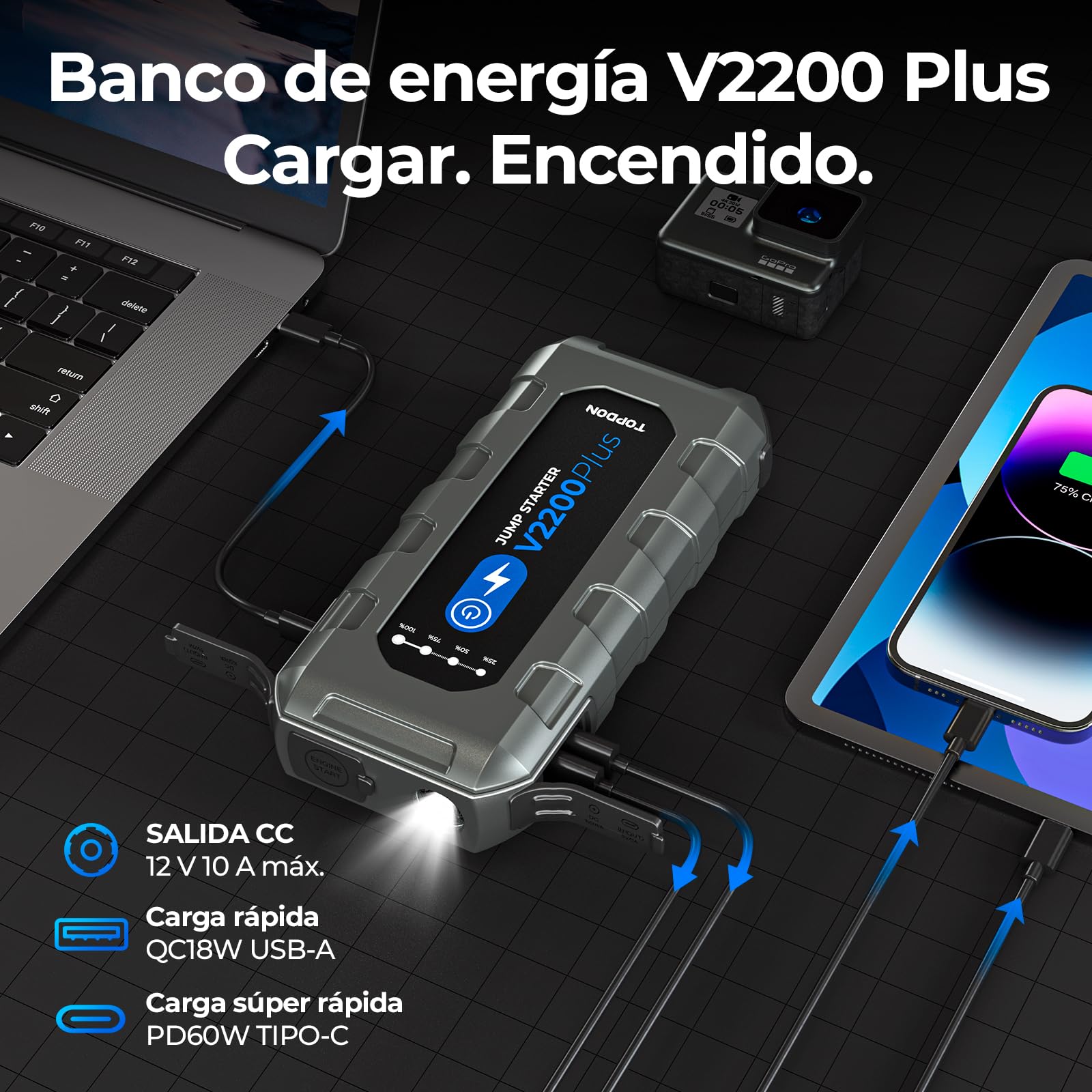 TOPDON V2200 Plus Arrancador de Coches y 12V Comprobador de Batería 2 en 1, Arrancador de Baterias de Coche 2200A para 8L Gas/6L Diesel