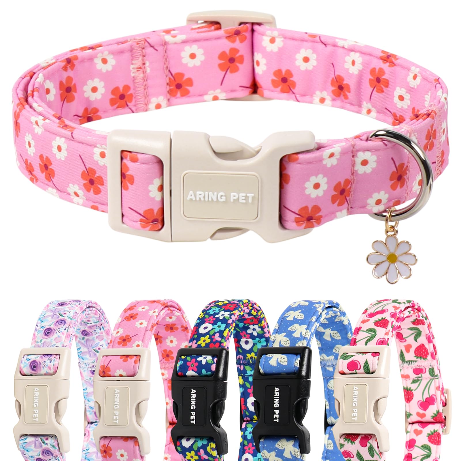 ARING PET Girl Dog Collar for Puppy Small Medium Large Dogs-Pink Floral M