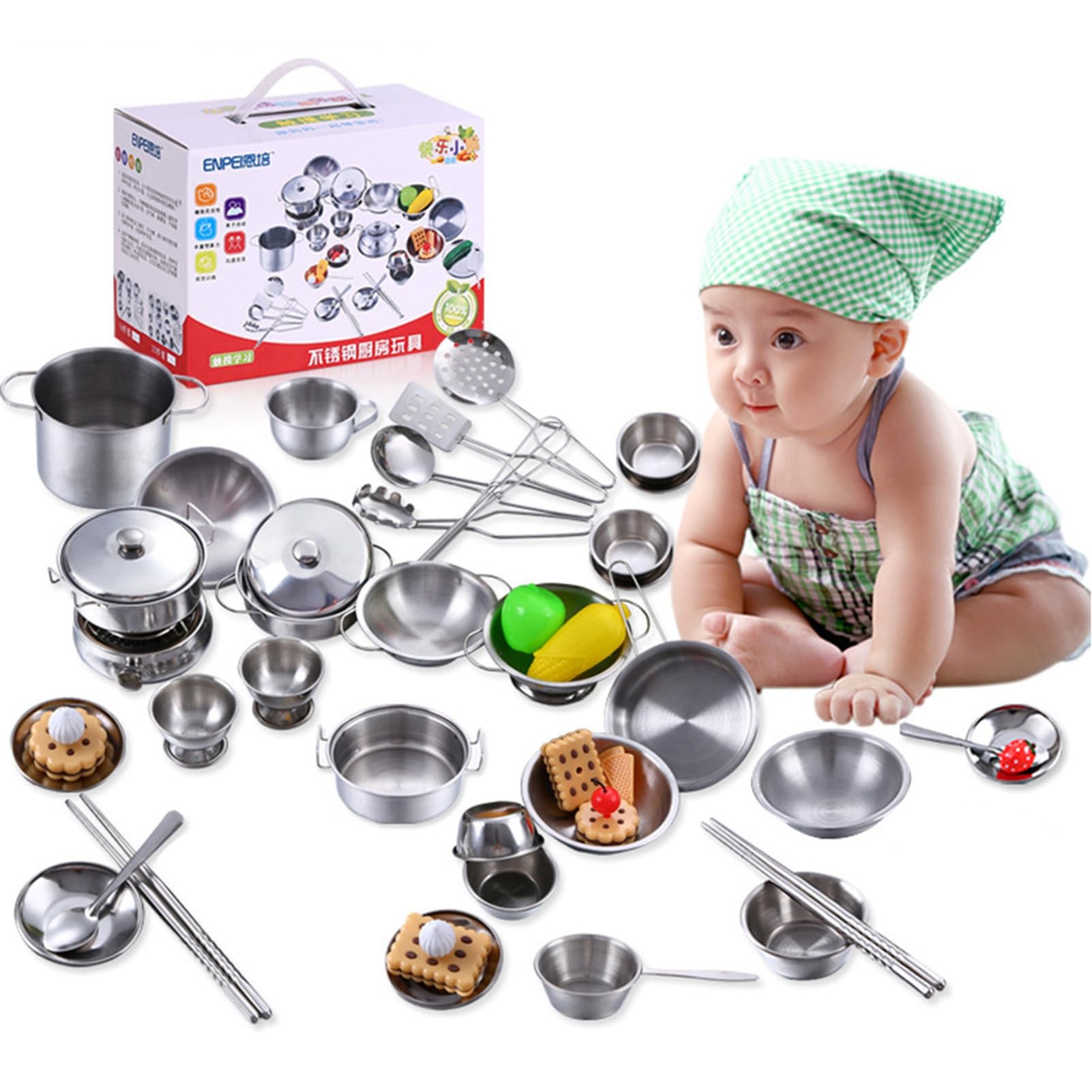 Cocoarm Set di Pentole in Acciaio Inox per Bambini, Utensili da Cucina per Bambini con Stoviglie Lucidate a Mano (25 pezzi)