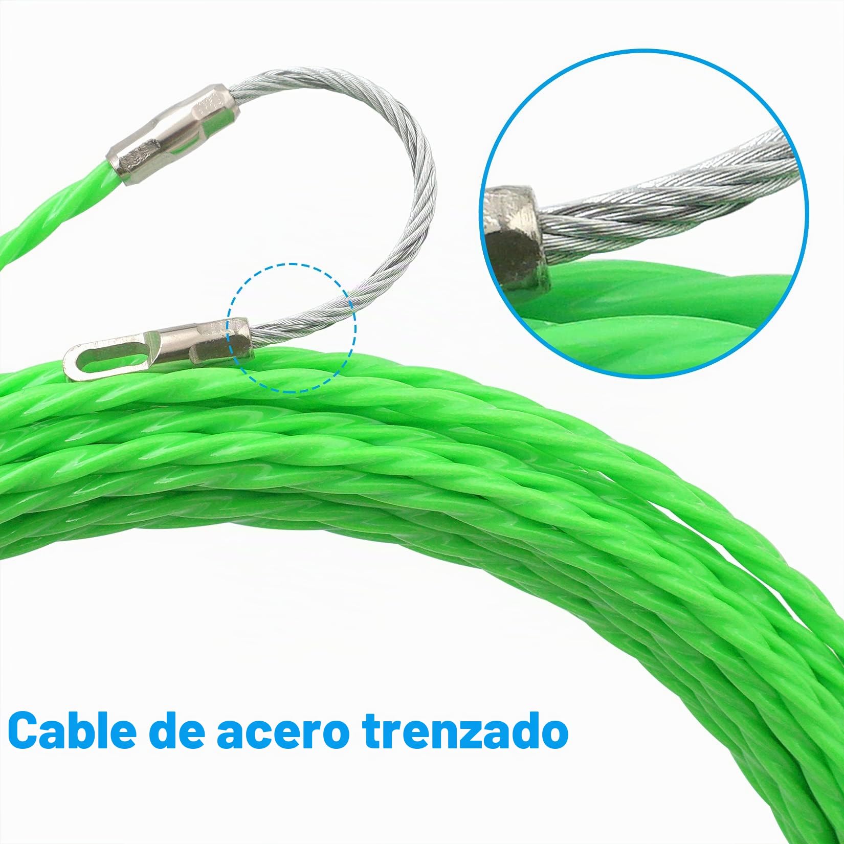 Akuoly Guia Pasacables Alambre Retráctil en Espiral de 15M, Fish Tape de Poliéster Diámetro 4,5mm, Ideal para Colocación de Cables, Color Verde