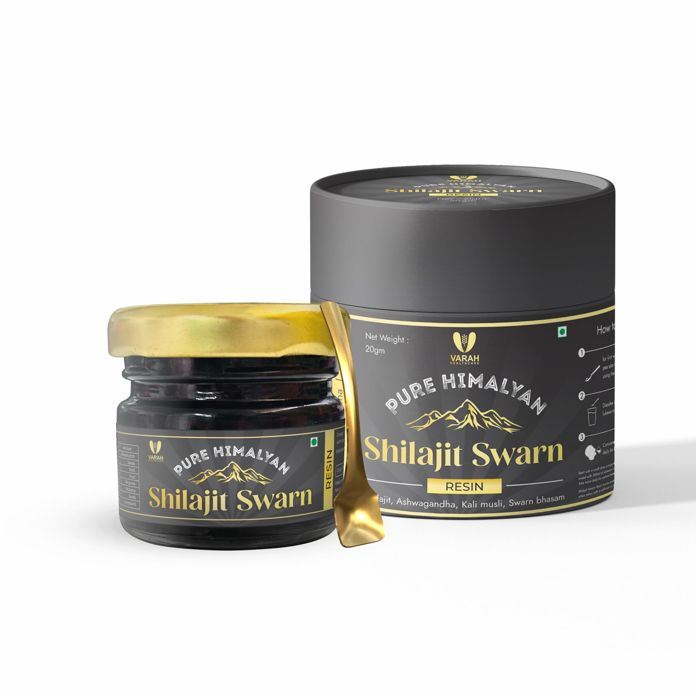 Varah's Shilajit Swarna Resin 20g | Enriched with Swarna Bhasma, Ashwagandha, & Kali Musli | Natural Resin Helps in Daily Stamina Balance, Strength, & Energy | Ayurvedic Formulation for Men & Women