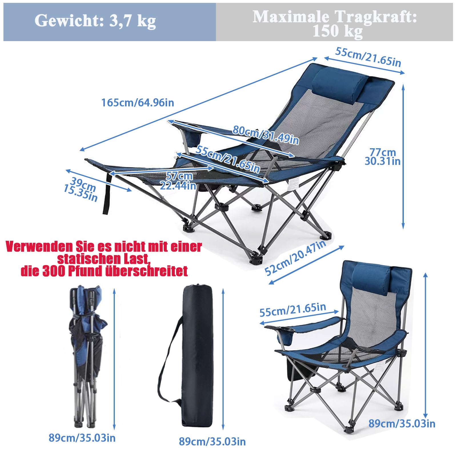 Chaise de Camping Pliante avec Repose-Pieds, Porte-gobelet, Chaise Longue d'extérieur réglable avec Tissu en Maille, Bleu