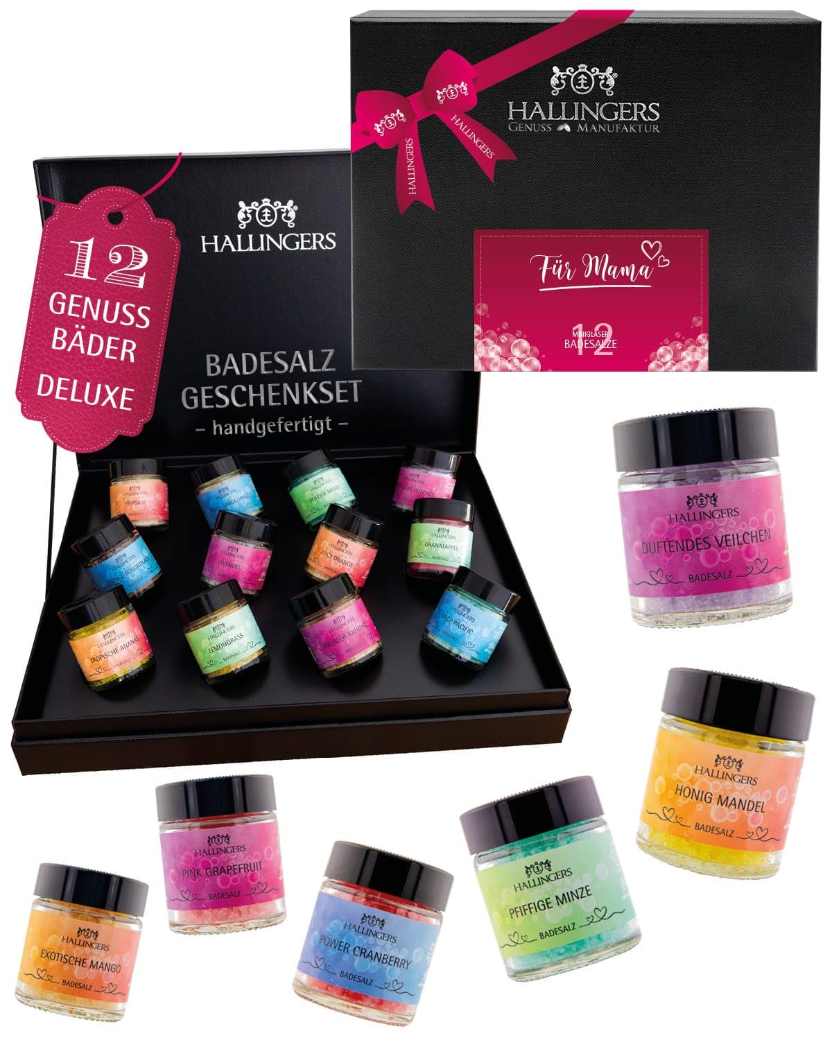 Hallingers Genuss Manufaktur Badesalze Muttertagsgeschenk-Set - 12x Badezusatz mit Totes Meer Badesalz edle Geschenkbox, Badekristalle Fußbad & Spa "Zum Muttertag", Geschenkidee für Mama Oma