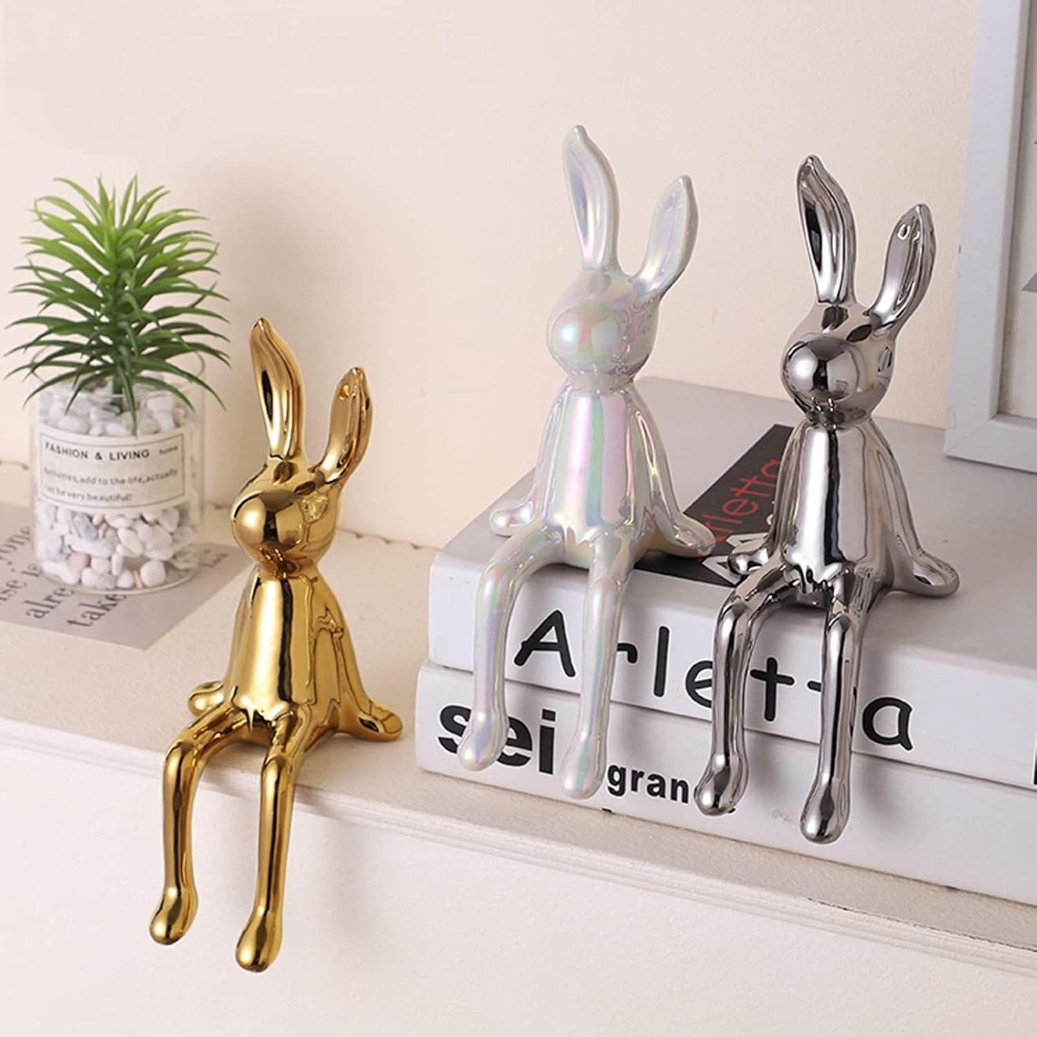 Brass Sitting Bunny, Gold Rabbit Figurine Statue, Ceramic Electroplate Bunny Decor for Desk, Cabinet, Bookshelf, Home, Office, Hotel, and Easter Decoration (3 PCS)