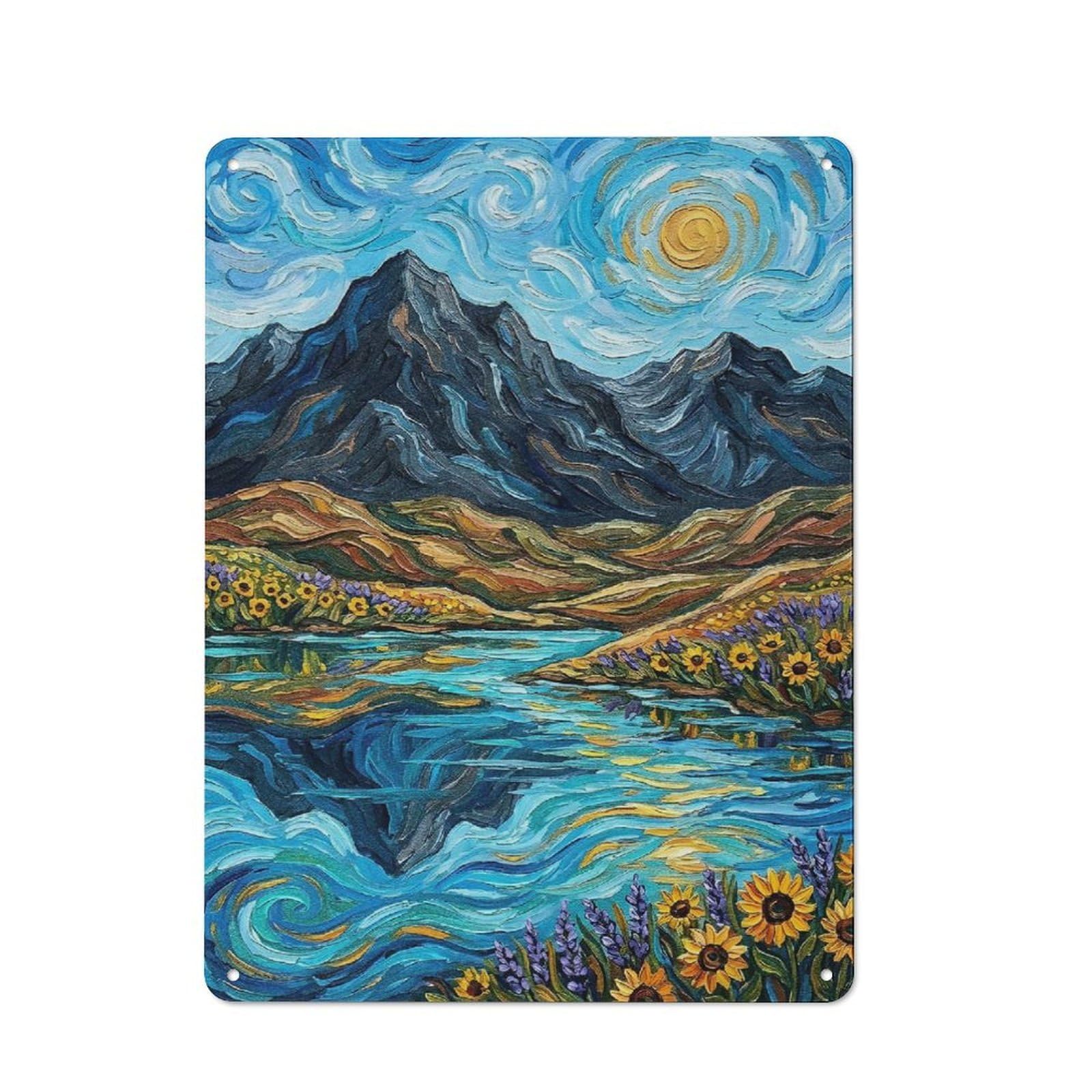 Junmoney Style-17 Impressionistic Mountain Landscape With Lake Rustic Printed Metal Sign 40X30cm For Bar Or Restaurant, For Bar Decor Enthusiasts