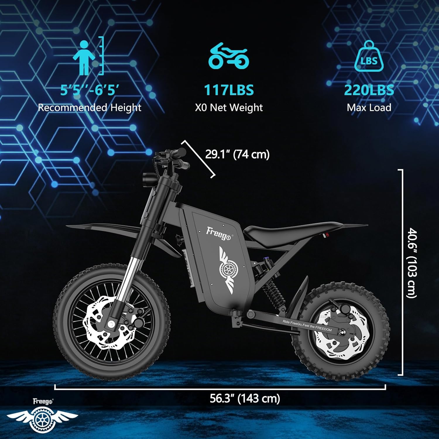 Freego Mini Electric Dirt Bike for Adults, 3600W Motor Peak, 60V 23Ah Battery, X0 Electric Motorcycle for Teens,Front 14"/Rear 10" Tire, Max Speed 40MPH Dual Hydraulic Disc Brakes All-Terrain