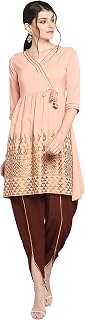 Women's Peach Poly Crepe Flared Kurta With Dhoti Pant