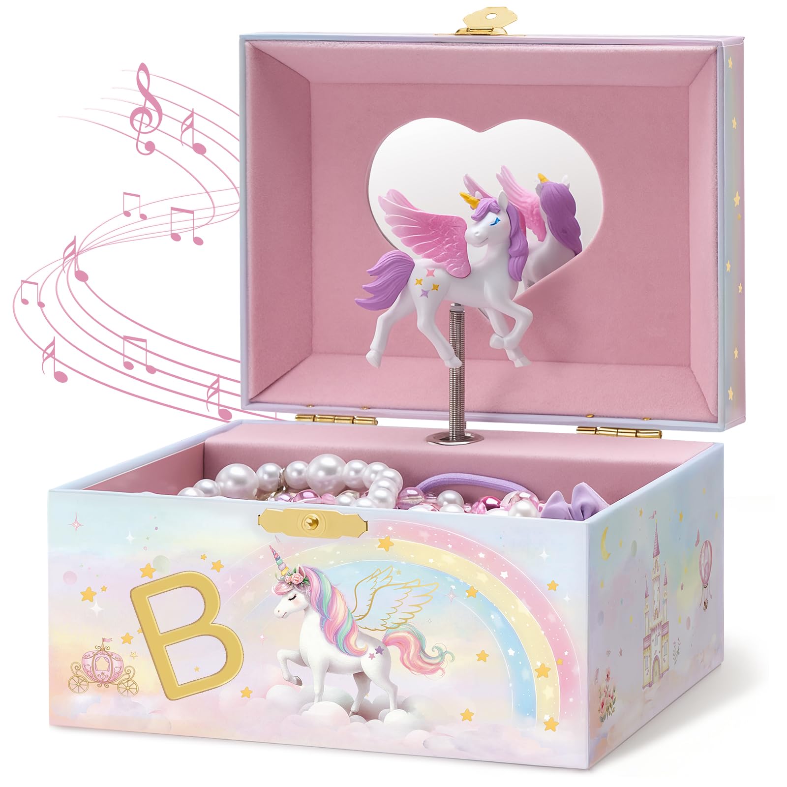 Lolalet Unicorn Jewelry Box for Girls, Kids Initial Musical Jewelry Organizer with Spinning Doll, Personalized Birthday Gifts for Little Girls Children Toddler Ages 3 4 5 6 7 8 (Box Only) -Letter B
