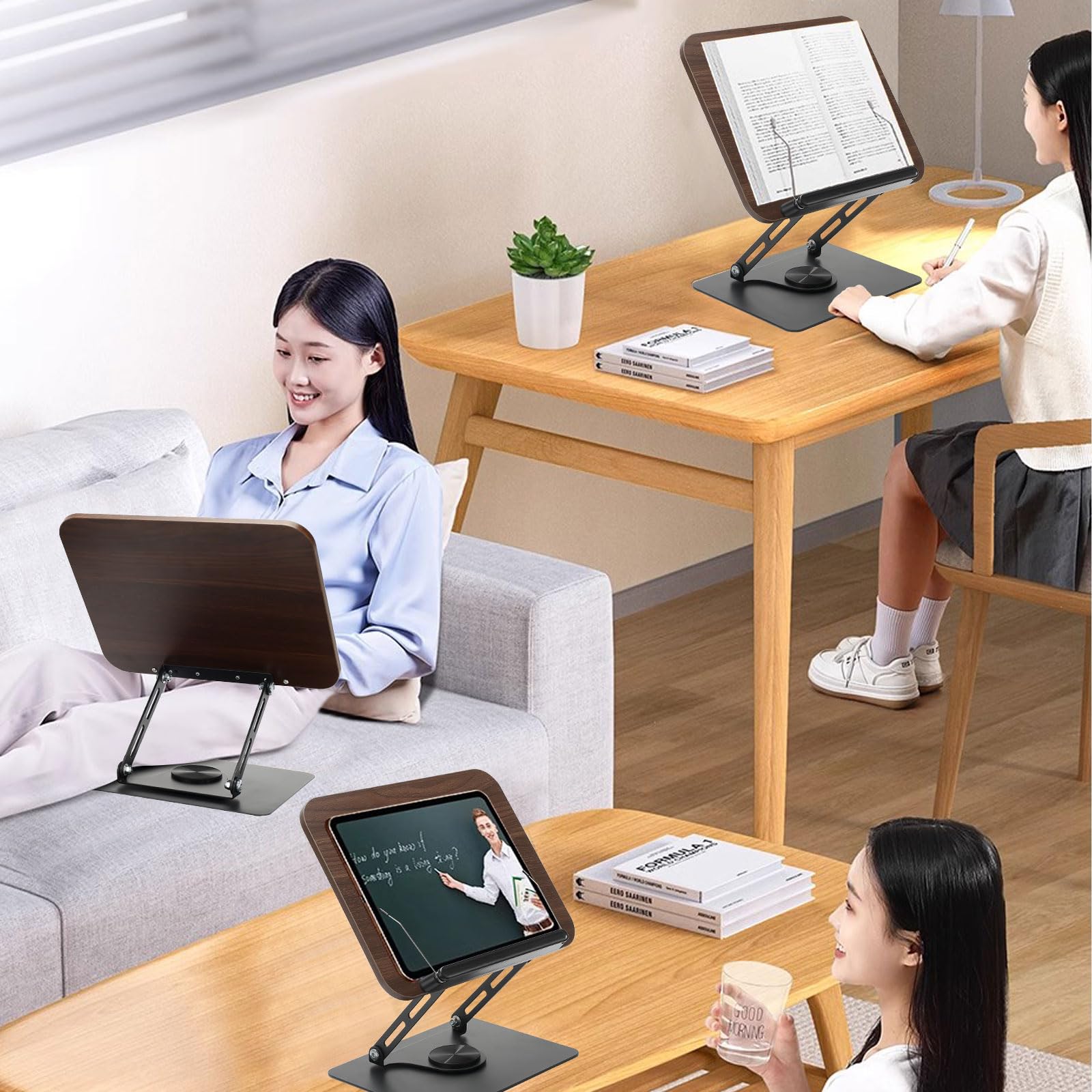 Leggio per Libri con Base Girevole a 360°,Supporto per Libri in Legno,Supporto per Lettura Pieghevole, con clip laterale,per ricette, riviste, tablet, laptop,Spartito