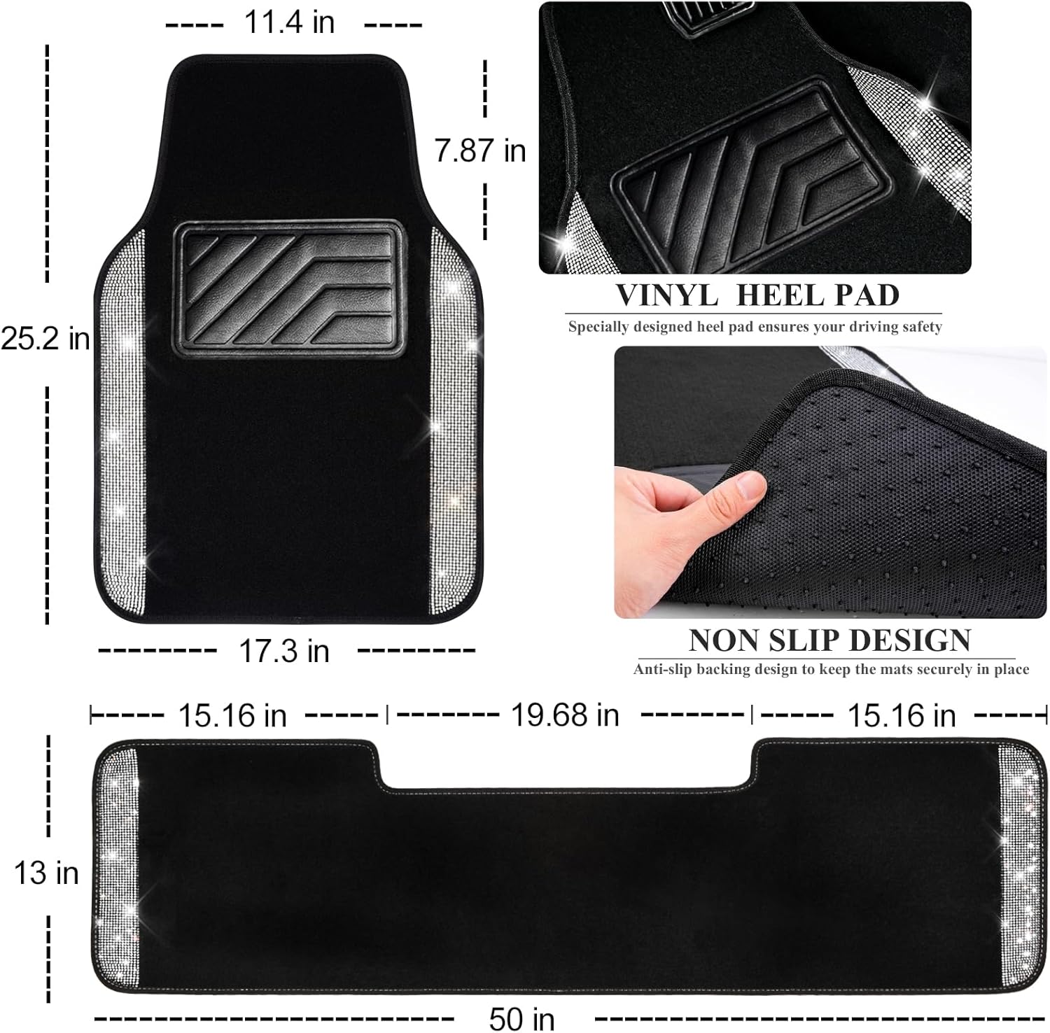 CAR PASS Bling Diamond Car Mats Shining Carpet Crystal Rhinestones Sparkly Glitter Floor Mats with Anti-Slip PVC Heel Pad Universal for Automotive SUV, Sedan, Van, 3pcs for Girl Women, Black Silver - Image 4