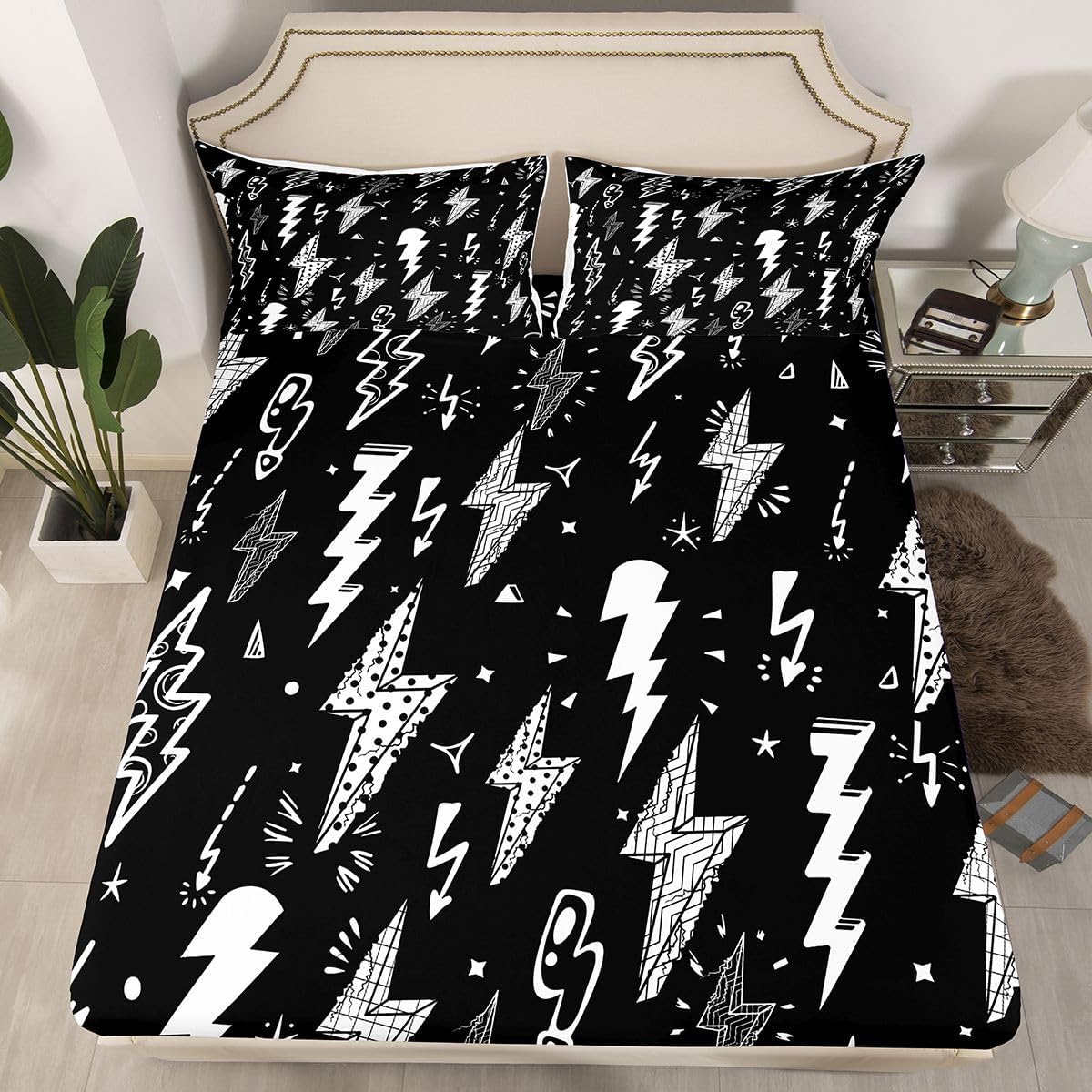 Homewish Lightning Fitted Sheet Hand Drawn Doodle Lightning Bolt Bedding Set 2pcs for Kids Boys Thunderbolts Sheet Set Microfiber Bed Sheet Set (1 Fitted Sheet + 1 Pillow Case) Twin Size