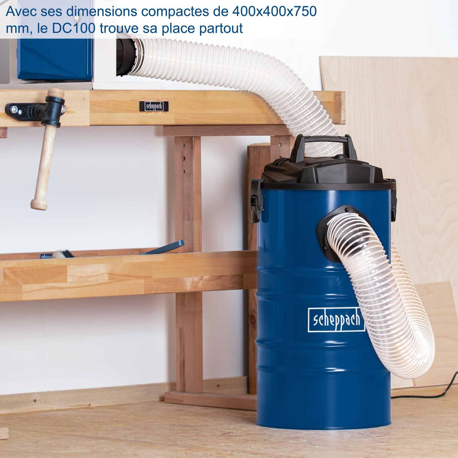 Scheppach Aspirateur DC100 | Capacité 65 litres 4 Sacs Papier Inclus | Cuve métallique avec poignée | Raccord de tuyau 100 mm |1200W| Débit d'air 215 m³/h | Set d'adaptateurs, cartouche filtrante