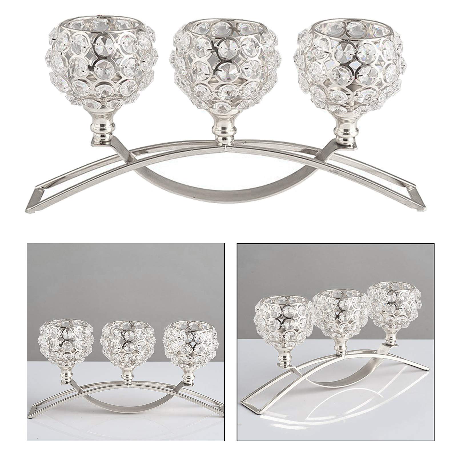 Portavelas de cristal de 3 brazos, centro de mesa, decoración de mesa de bufé de boda, plateado