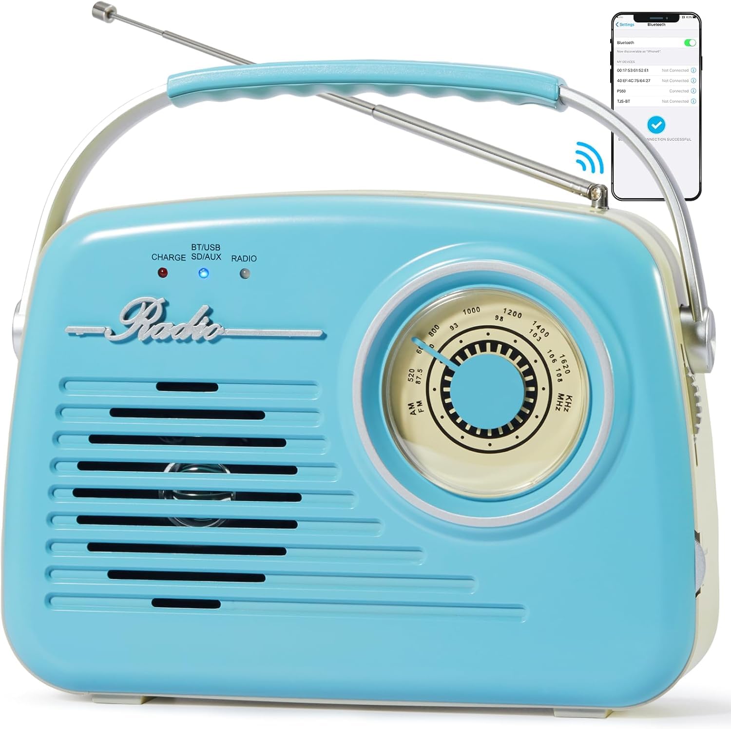 Retro Radios Portable AM FM, Battery Powered &amp; Plug-in Wall, Vintage Radio with Bluetooth, Easy to Use Large Dial for Home/Outdoor/Kitchen (Blue)