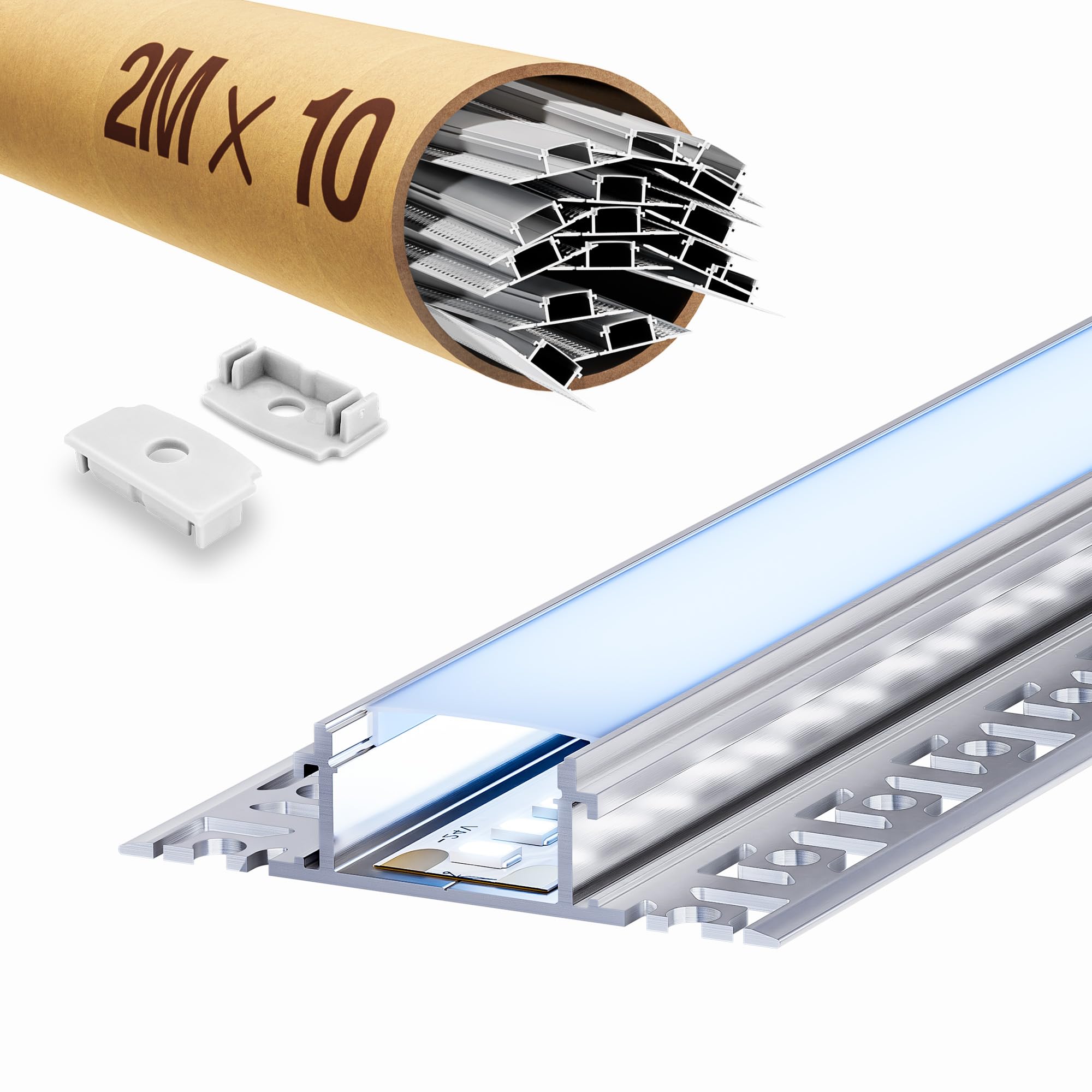 10 LED Fliesenprofil 2m ohne Vorfräsung, Einfache Montage Flächenbündiges LED Unterputzprofil für Led Streifen bis 20 mm, Inkl. Abdeckung & Endkappen