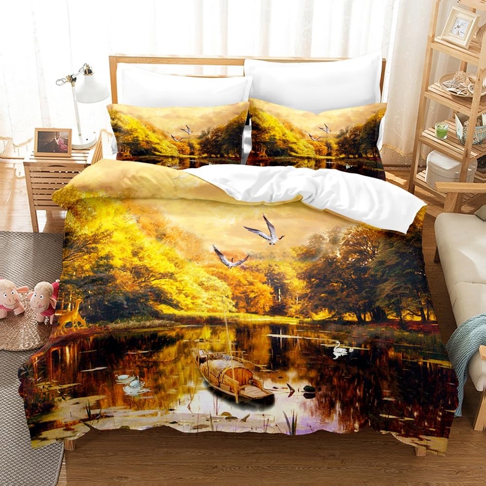 Pościel 155 x 220 cm, naturalny krajobraz, zestaw pościeli z zamkiem błyskawicznym, dla dzieci, młodzieży, miękka, oddychająca poszewka na kołdrę z mikrofibry + 2 poszewki na poduszkę 80 x 80
