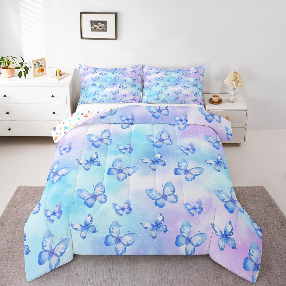 Erosebridal Pink Blue Butterfly Bedding Twin,Watercolor 3D Printed Comforter Set Purple Colorful Rainbow Bed Sets Fantasy Dreamy Princess Duvet Insert 2 Pieces