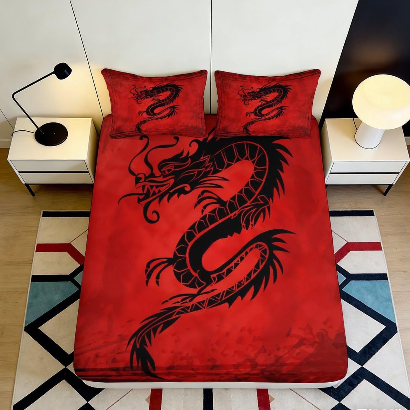 3D Printed Red Dragon Fitted Sheet Microfiber Anti-Slip Bed Cover Black Oriental Art for Bedroom Guestroom Decor 90x200x25cm