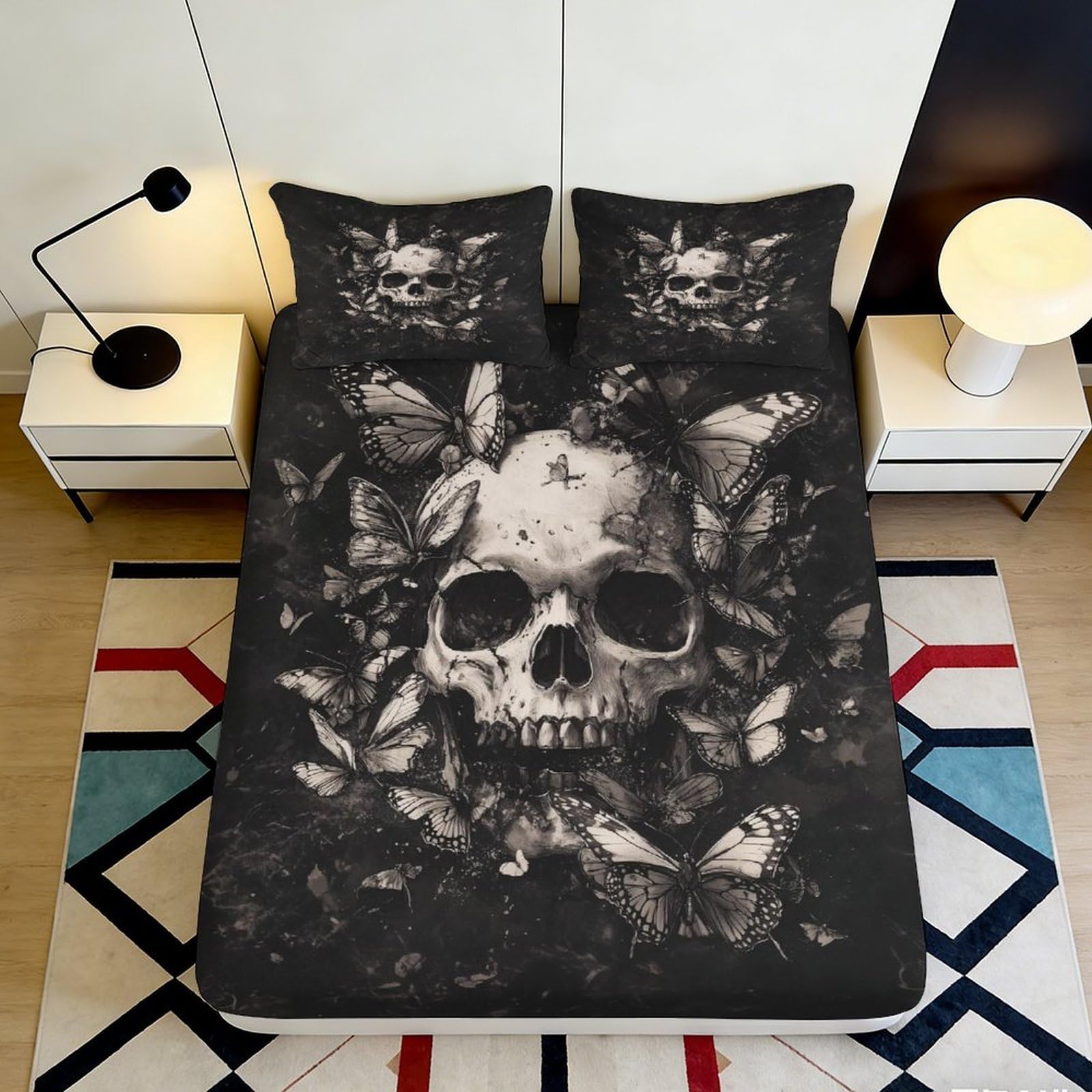 3D Printed Skull Butterfly Fitted Sheet Microfiber Soft Breathable Gothic Bed Cover for Bedroom Dormitory Guest Room Mattress Protection 200x200x25cm