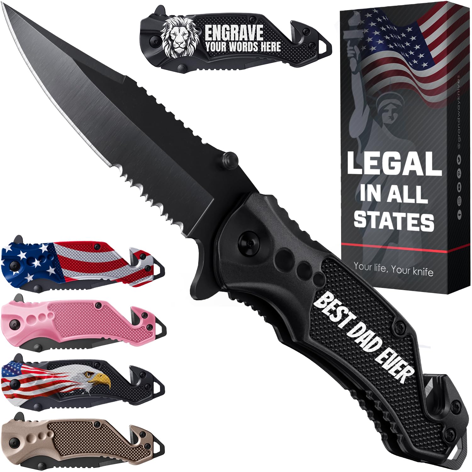 GOOD WORKER Legal Pocket Knife with 2.95” Serrated Blade, Glass Breaker, Seat Belt Cutter - EDC Sharp Folding Knives with Portable Clip - Small Tool for Tactical Camping Survival Hiking - Gifts for Men, Women