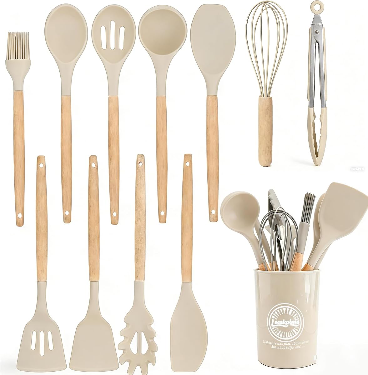 Juego de utensilios de cocina de silicona, 12 piezas de utensilios de cocina, utensilios de cocina antiadherentes, utensilios de cocina resistentes al calor de 446 °F, herramientas de cocina de cuchara, cepillo, batidor, espátula, pinzas giratorias (caqui)