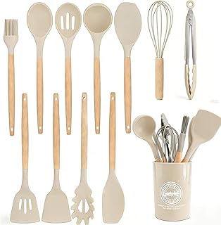 Juego de utensilios de cocina de silicona, 12 piezas, utensilios de cocina antiadherentes, 446 °F, resistentes al calor, herramientas de cocina de cuchara, cepillo, batidor, espátula, pinzas