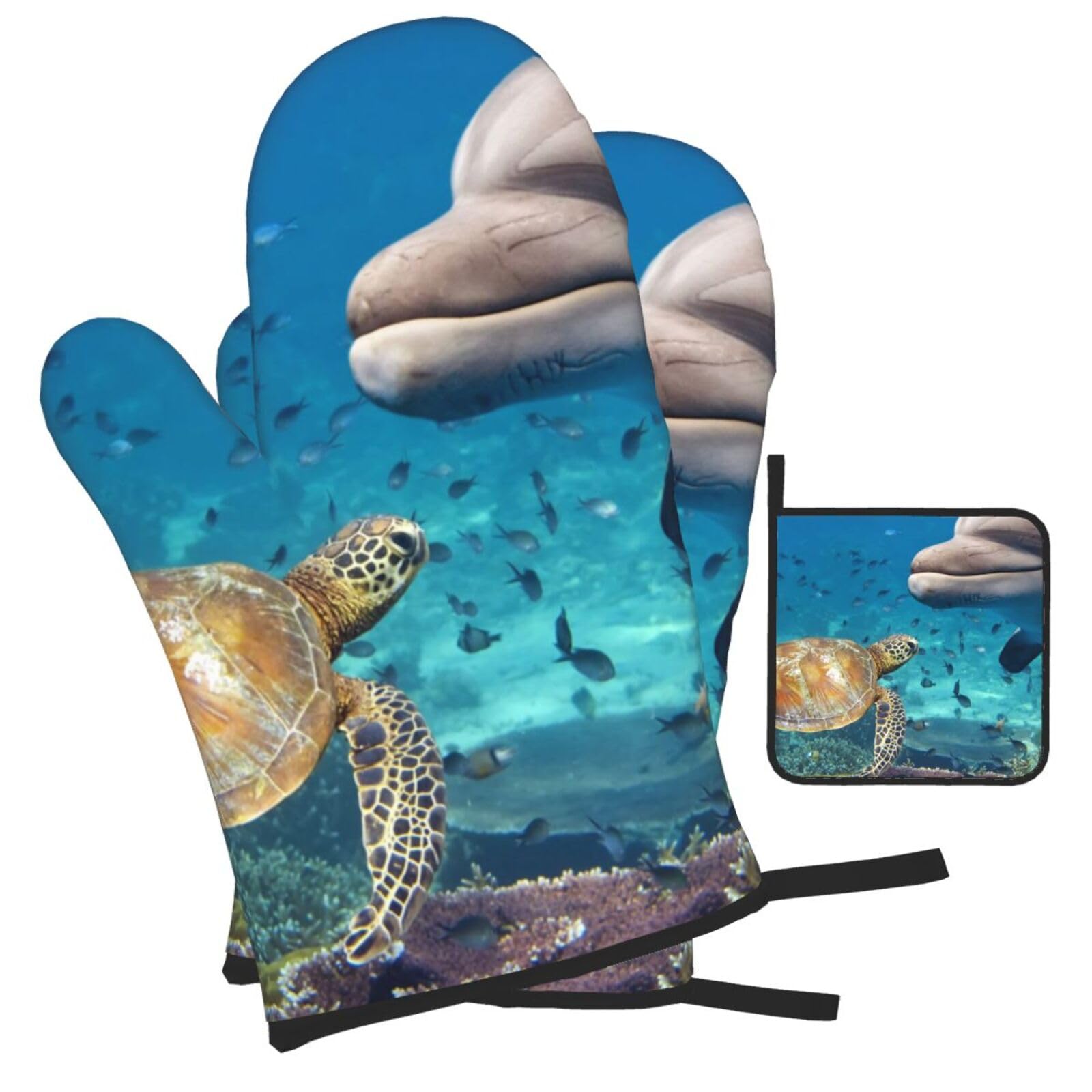 Turtle and dolphin Printed Oven Mitts and Pot Holders Heat Resistant Set of 3 Pcs, Modern Kitchen Gloves & Potholders for Cooking Baking Grilling