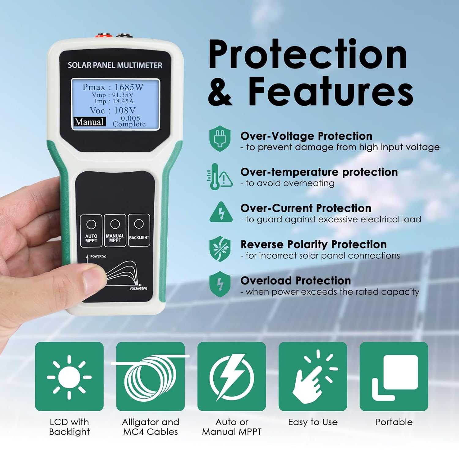 1800W Solar Panel Tester & Power Meter Measuring Range (5~1800W, 20~120V, 0~60A) MPPT Photovoltaic Solar Panel Multimeter for PV Systems, Troubleshooting and Open Circuit Voltage