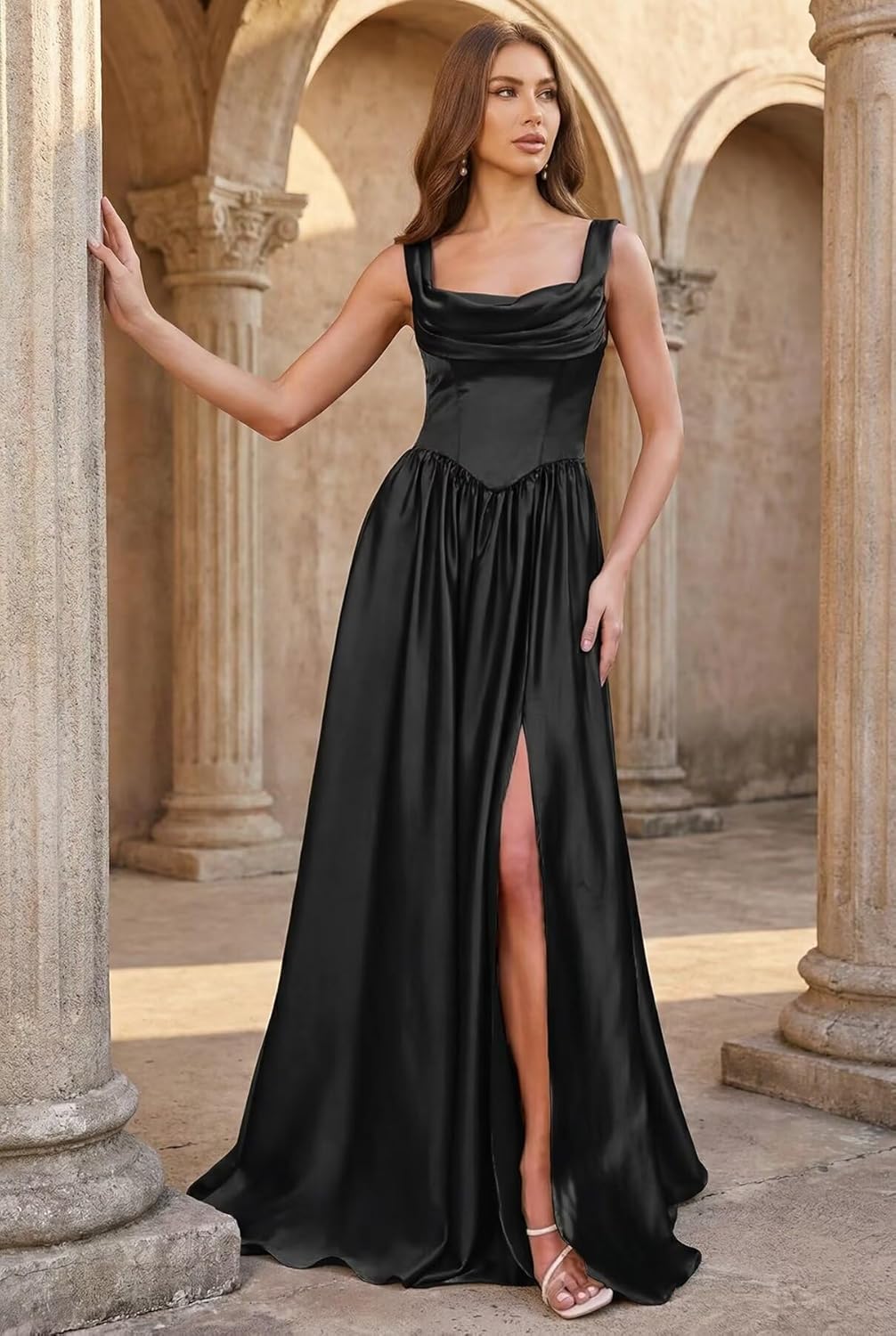 Satin Prom Dresses for Women 2026 with Draped Scarf Long Bridesmaid Dresses Formal Evening Gown with Pockets