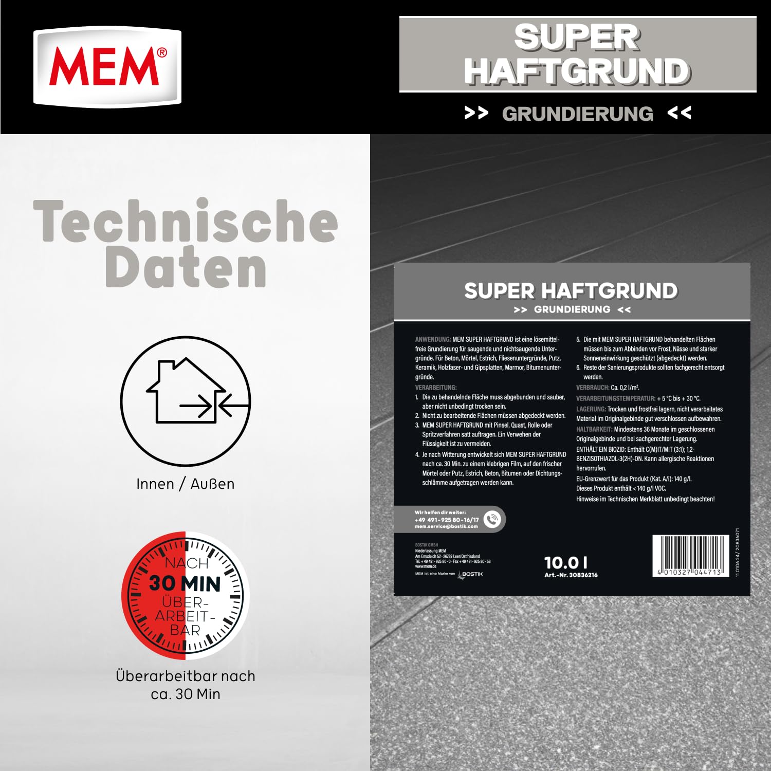MEM Super-Haftgrund, Intensive Untergrundhaftung, Für saugende und nichtsaugende Untergründe, Lösemittelfrei, 10 l