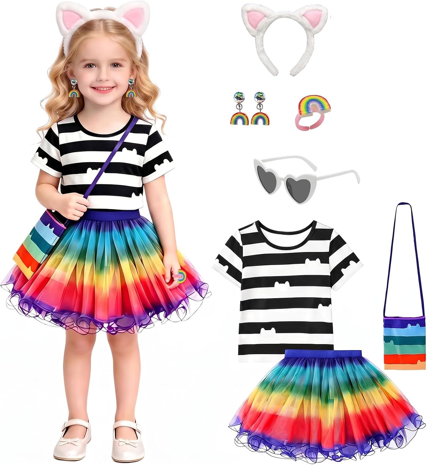 Cat‑Motif Striped Tulle‑Skirt Outfit Set, Clip‑on Earrings & Matching Accessories, 2 Color Options