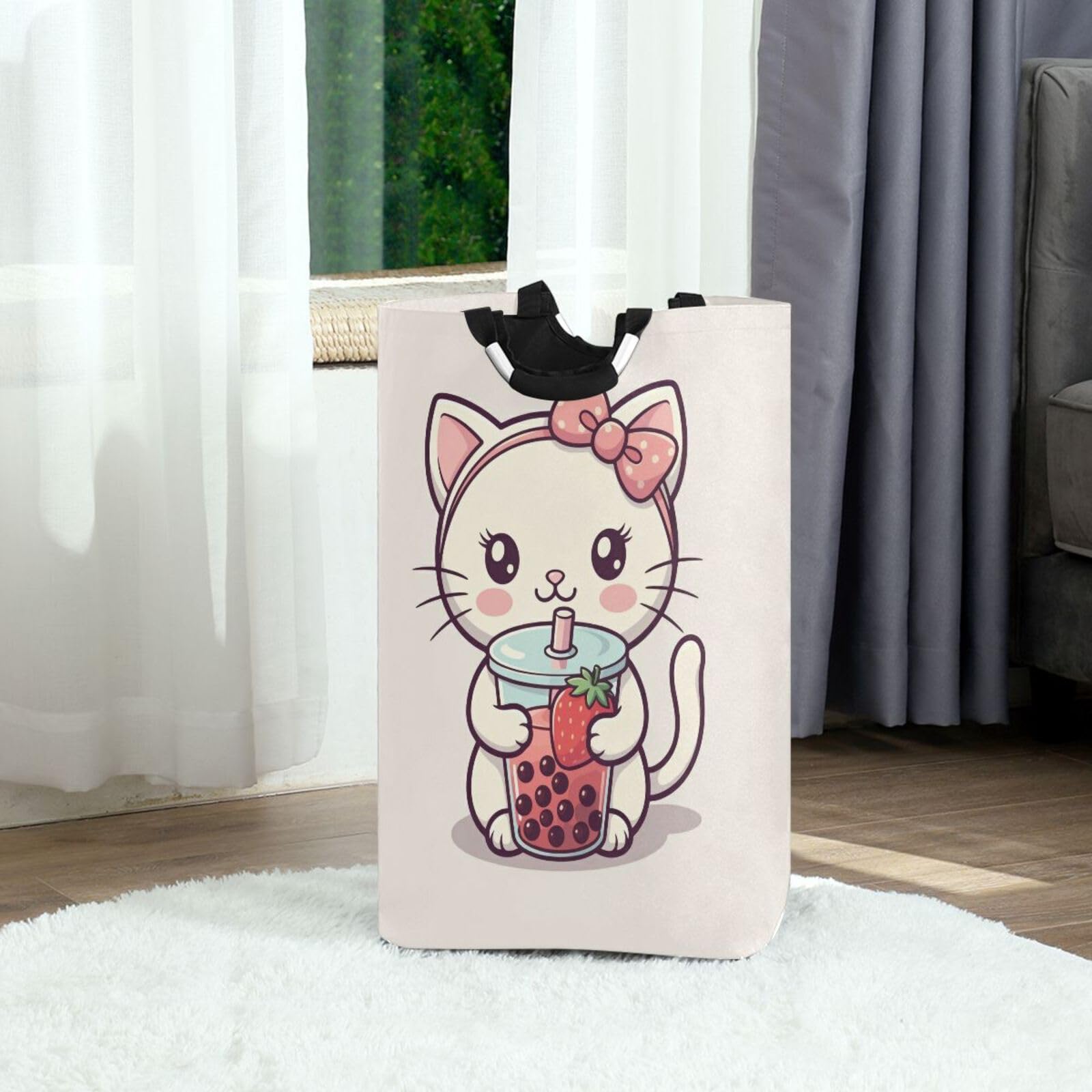 Jihqo Laundry Hamper Basket Bow Cat Drinking Milk Tea Collapsible Nursery Storage Bin Waterproof Clothing Baskets for Home Bedroom Bathroom Washing Room