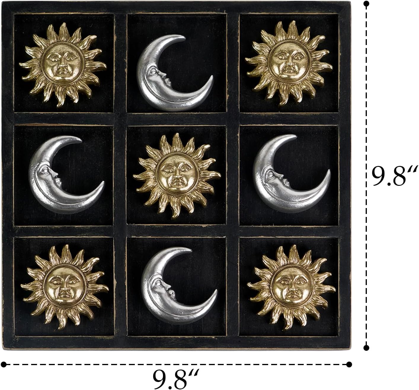 NIKKY HOME Vintage Sun Moon Face Tic Tac Toe Wood Game Board Mystical Elegance Coffee Table Decor Decorative Wooden Travel Game for Family, Gold & Silver