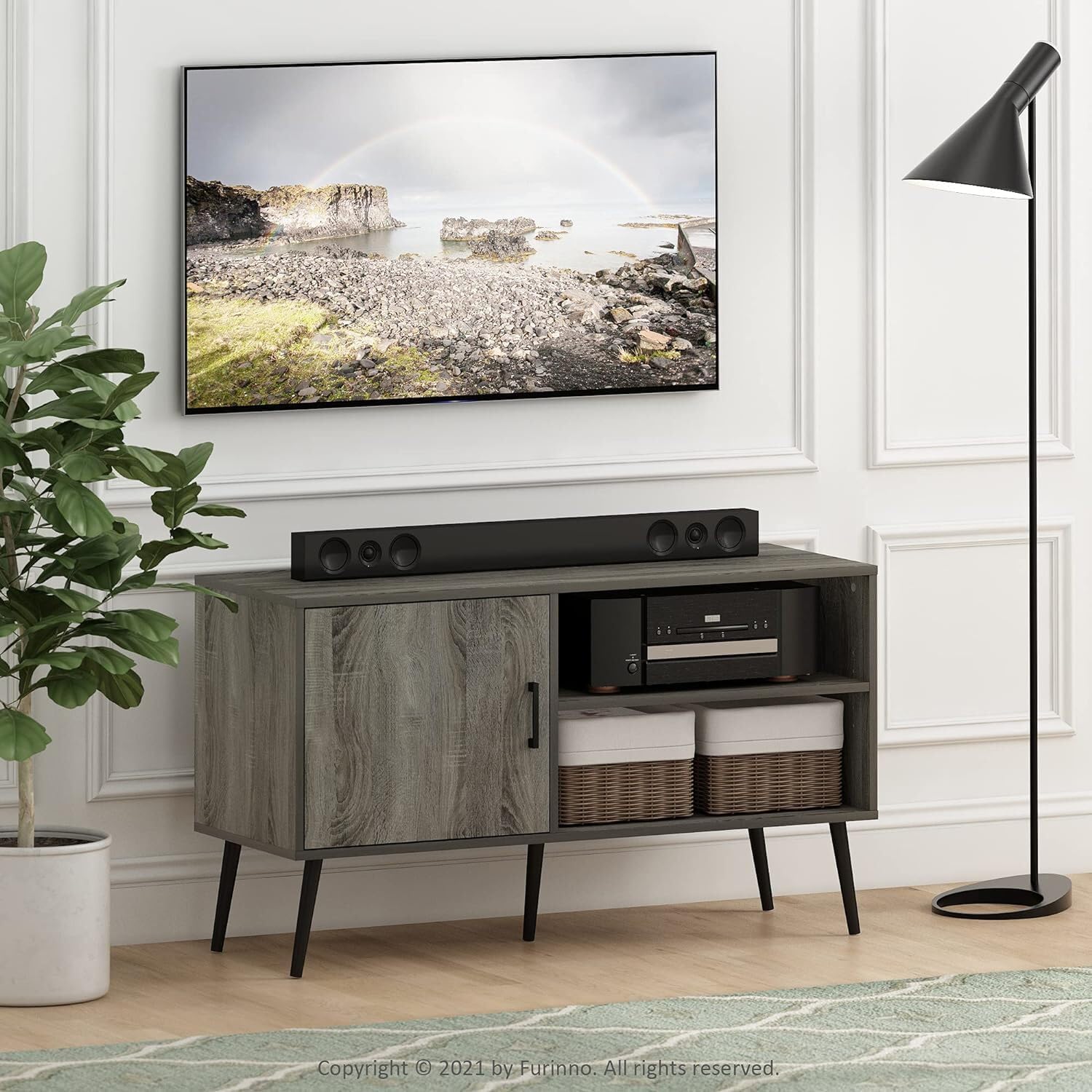 HomeStock Mid Century Style TV Stand - Features Wood Legs, One Cabinet, and Two Shelves in French Oak Gray Finish, Perfect for Sleek and Modern Living Rooms French Oak Gray
