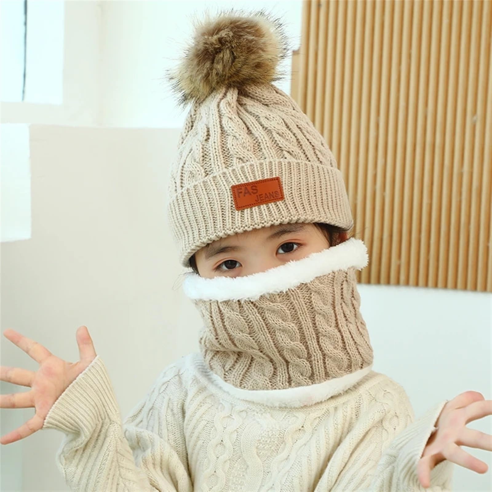 Conjunto de 3 uds. De Gorro de Invierno for bebé, Gorro con pompón for niño, Gorro Tejido Bonito y cálido, Bufanda, Guantes, Traje for niña y niño, Gorro Infantil Informal(Pink Suit)