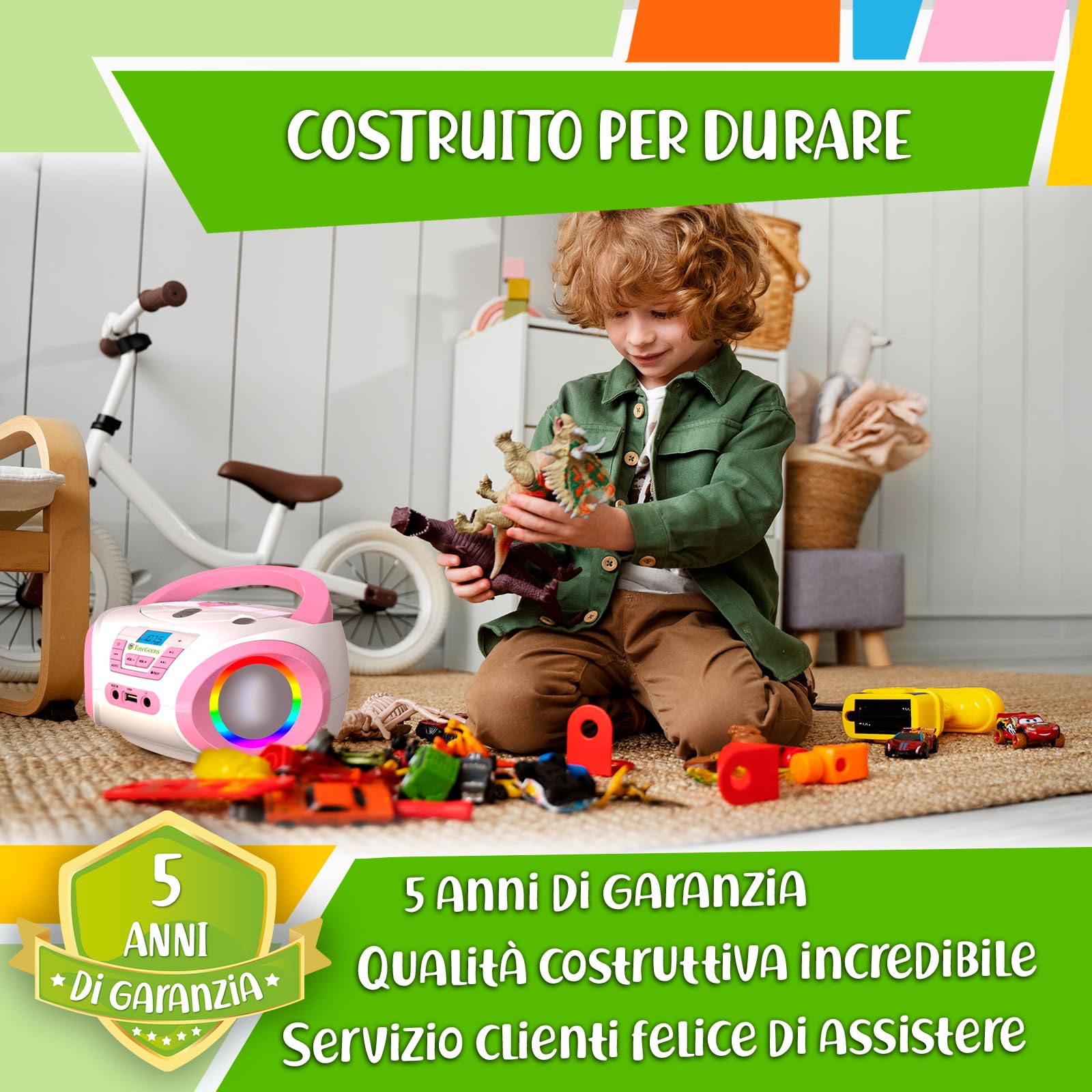 TinyGeeks Tunes CD PLAYER BAMBINI - NUOVO - Radio FM - Batterie incluse - LETTORE CD BAMBINI con altoparlanti - Regalo perfetto - Rosa