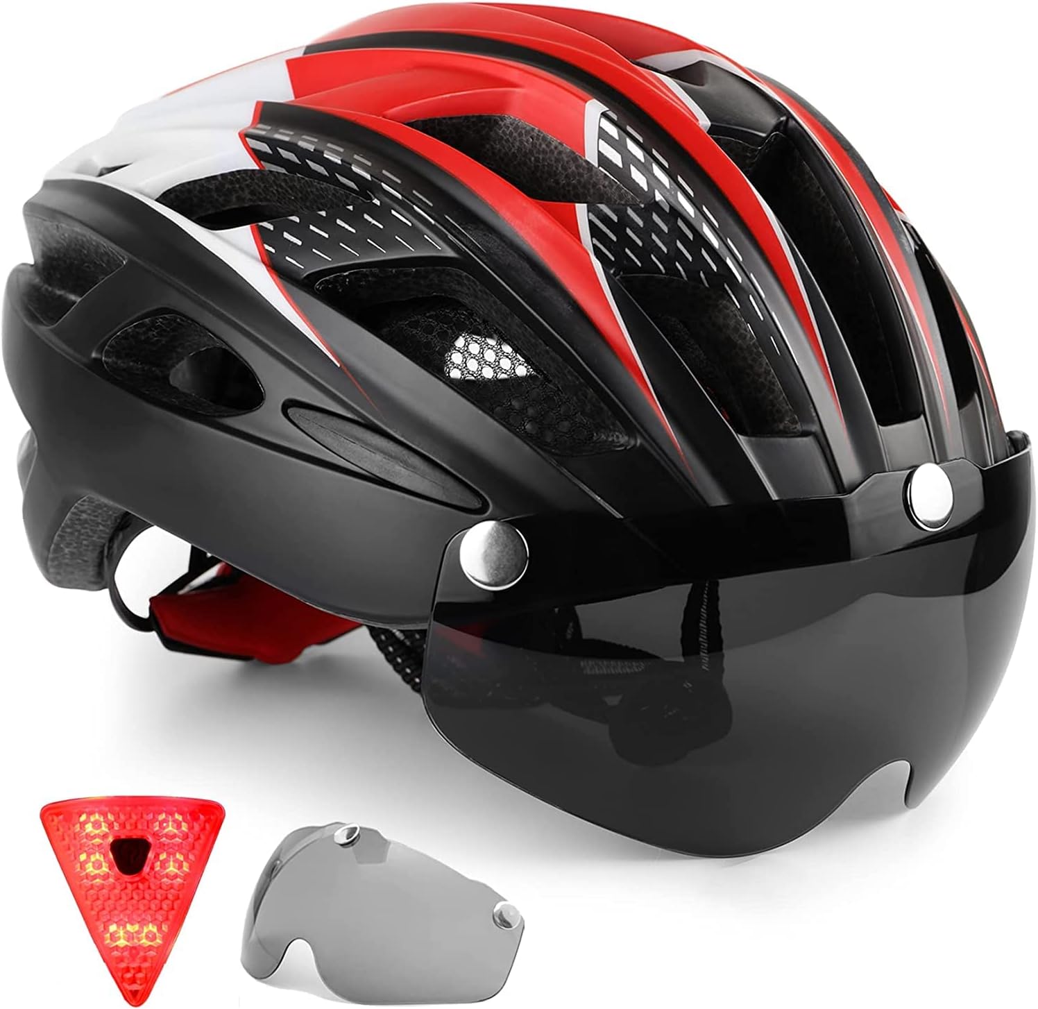 Bike Helmet Men Women, KINGLEAD Cycle Helmet with LED Rear Light Magnetic Visor UV Protective Portable Bag CE Certified Adjustable Lightweight Adult Bicycle Helmet Road & Mountain Cycling (KL-19)