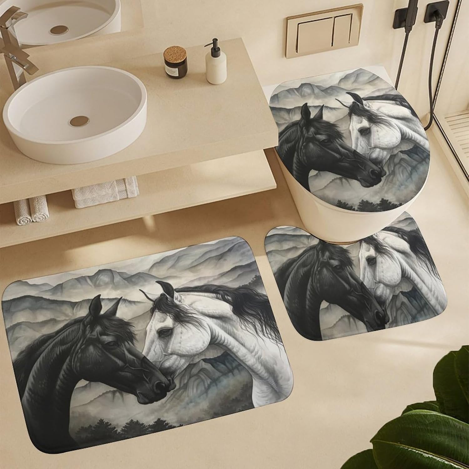 4Pcs Classic Mountain Horse Shower Curtain Set with Toilet Lid Cover Non-Slip Rugs for Bathroom, Black White Animal Tree Shower Curtain Bathroom Sets with Hooks, 72x72 Inch