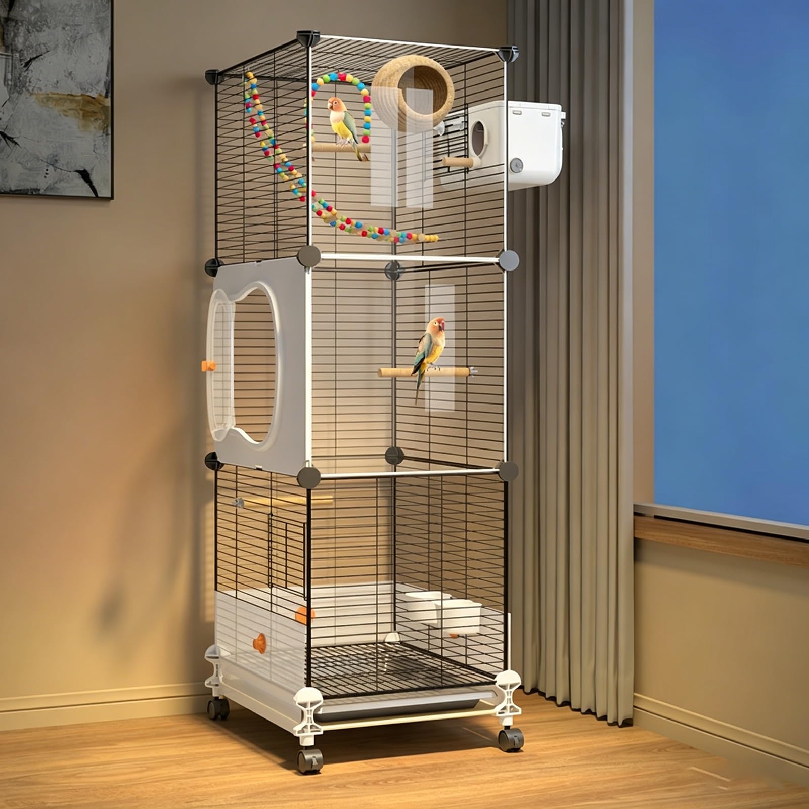 Bird Cage,Large Parrot Cage with Acrylic Doors, 3-Tier Movable Birdcage Parakeet Cage w/Wheels, 360° View Spacious Interactive Bird House(117 * 36 * 36cm)