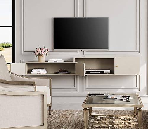 Miniatura 5 de WAMPAT Soporte de TV flotante con estación de carga, centro de entretenimiento montado en la pared con luz amarilla con almacenamiento, centro de