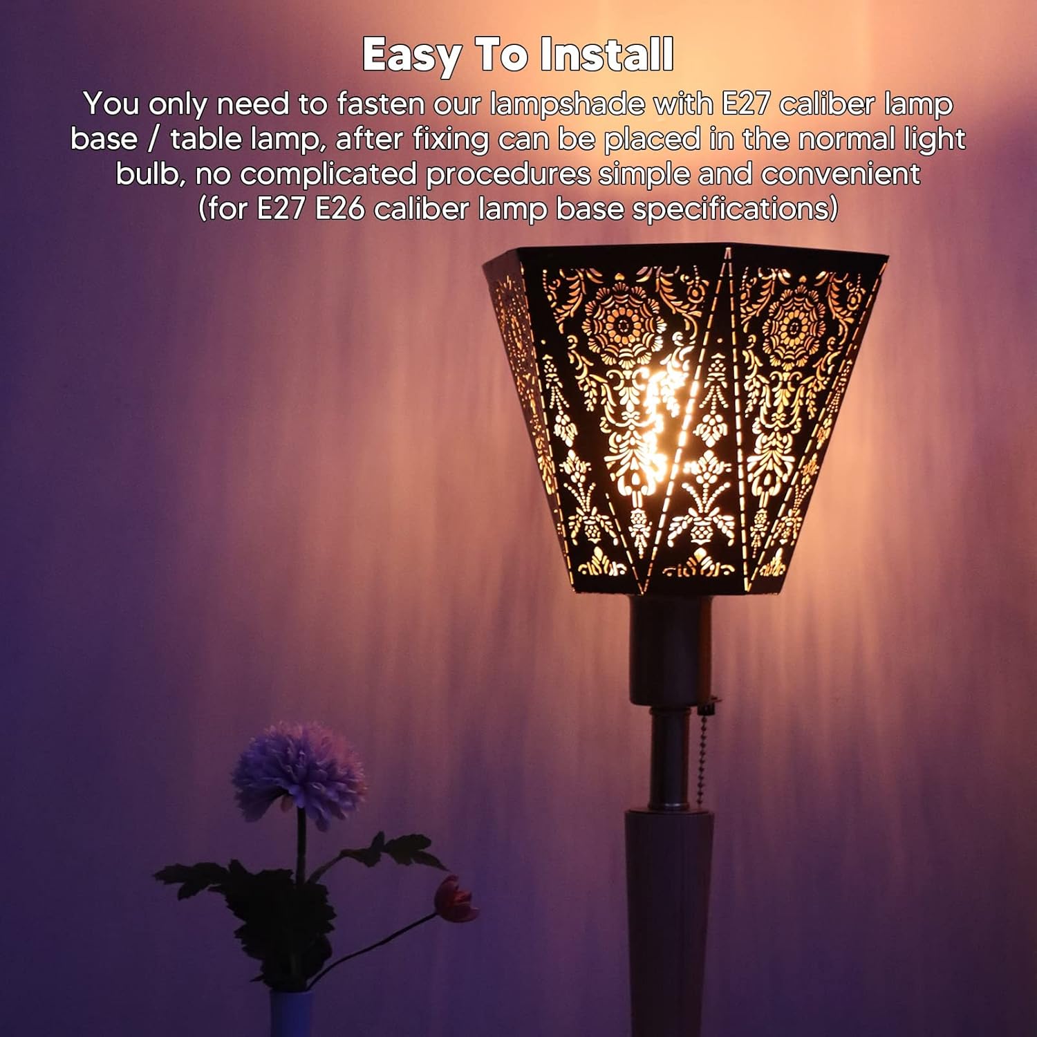 Diydeg Lamp Shades, Modern Scandinavian Wrought Iron Hexagonal Carved Metal Lampshade, E27 E26 Black Elegant Floor Lampshade, Easy to Install Lamp Shade for Bedroom Bedside