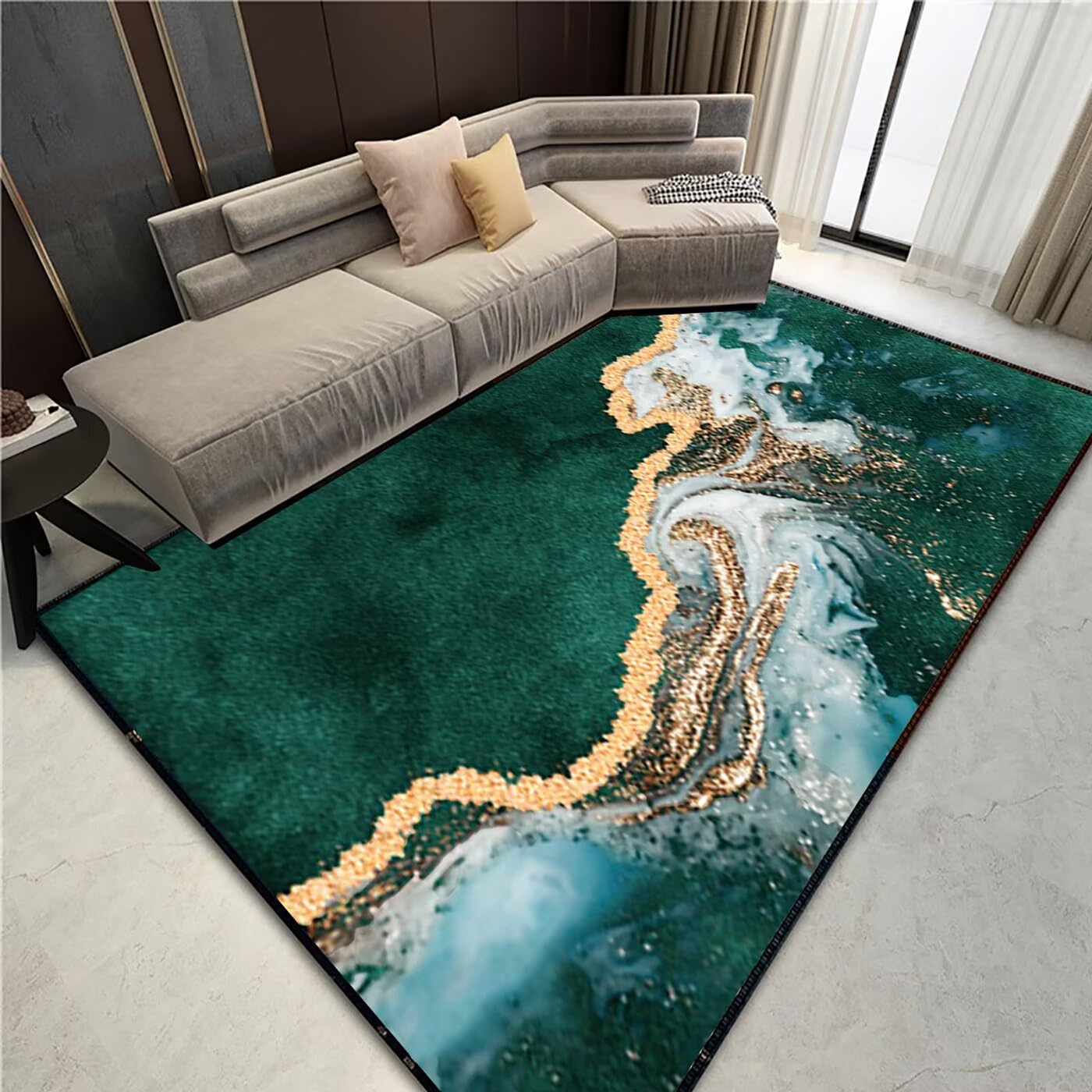 Qkjtyt Luxury Emerald Green Gold Marble Rugs for Living Room Home Office Contemporary Glitter Swirl Abstract Area Rug Non-Slip Floor Carpets Mats,