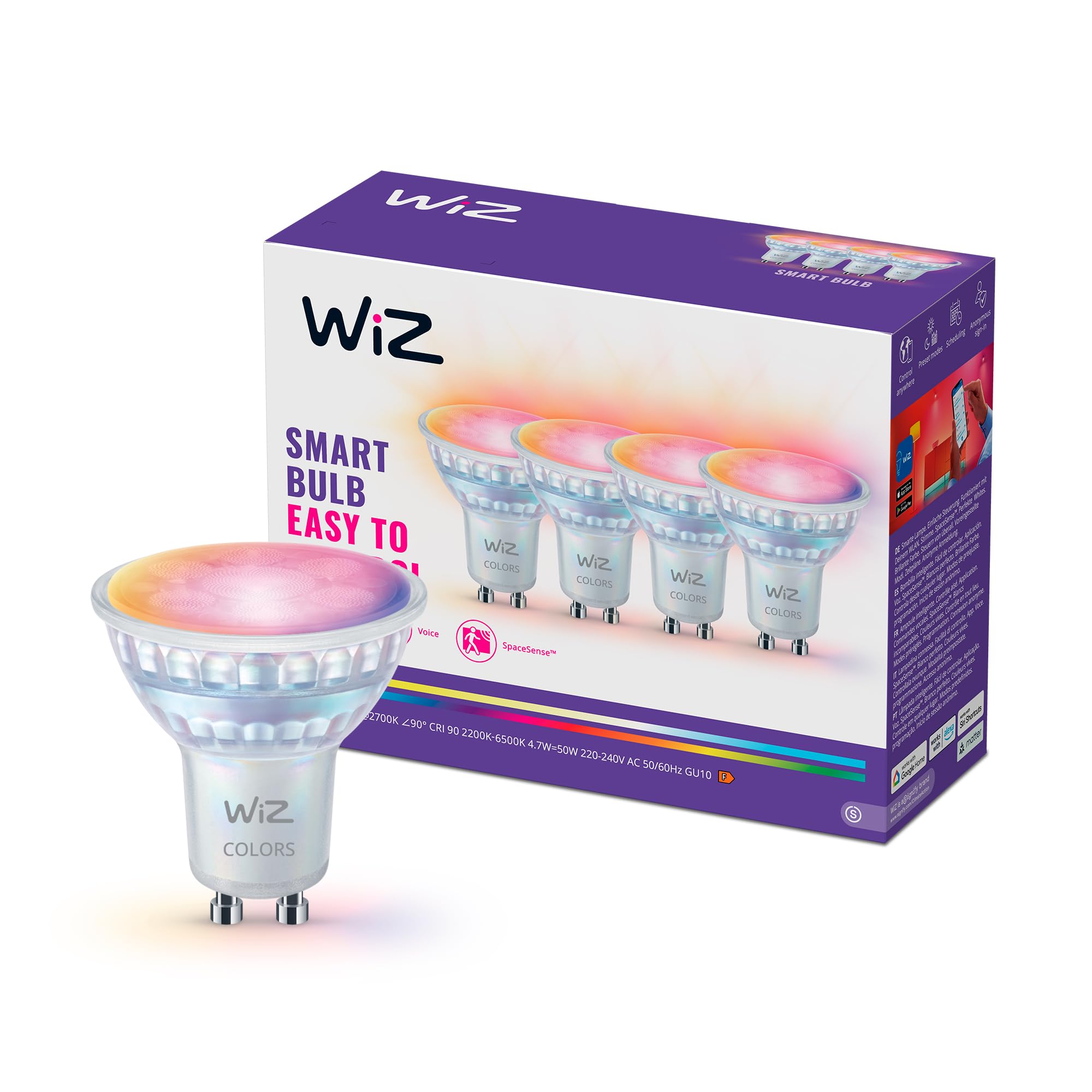 WiZ Smart LED Glass GU10Spotlight, Full Color and Tunable White, 50W Equivalent, 2200-6500K, 345 Lumens, Dimmable