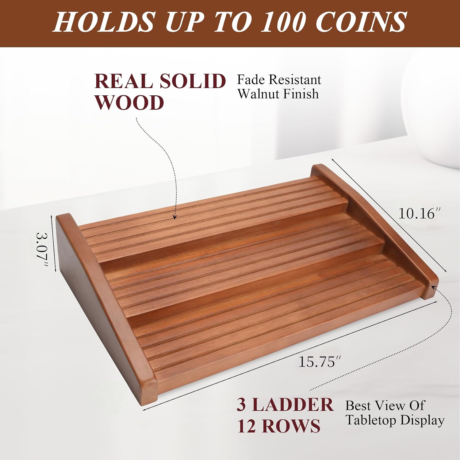 Challenge Coin Display Holder, 12 Rows Solid Wood Military Coin Stand Holds 80-100 Coins, Army Coin Display Rack for Desk (Walnut Finish)