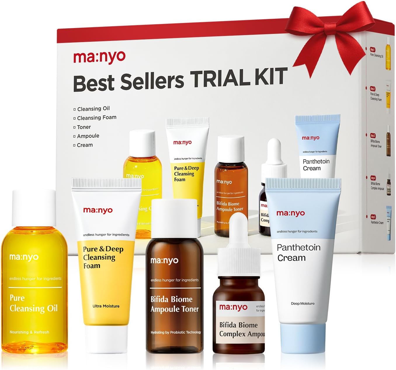 MA:NYO Best Sellers Kit | Travel size Trial & Gift Set | Pure Cleansing Oil, Pure Cleansing Foam, Bifida Biome Ampoule, Bifida Biome Toner, Panthetoin Cream | Korean Skin Care, Skin Repair Solution