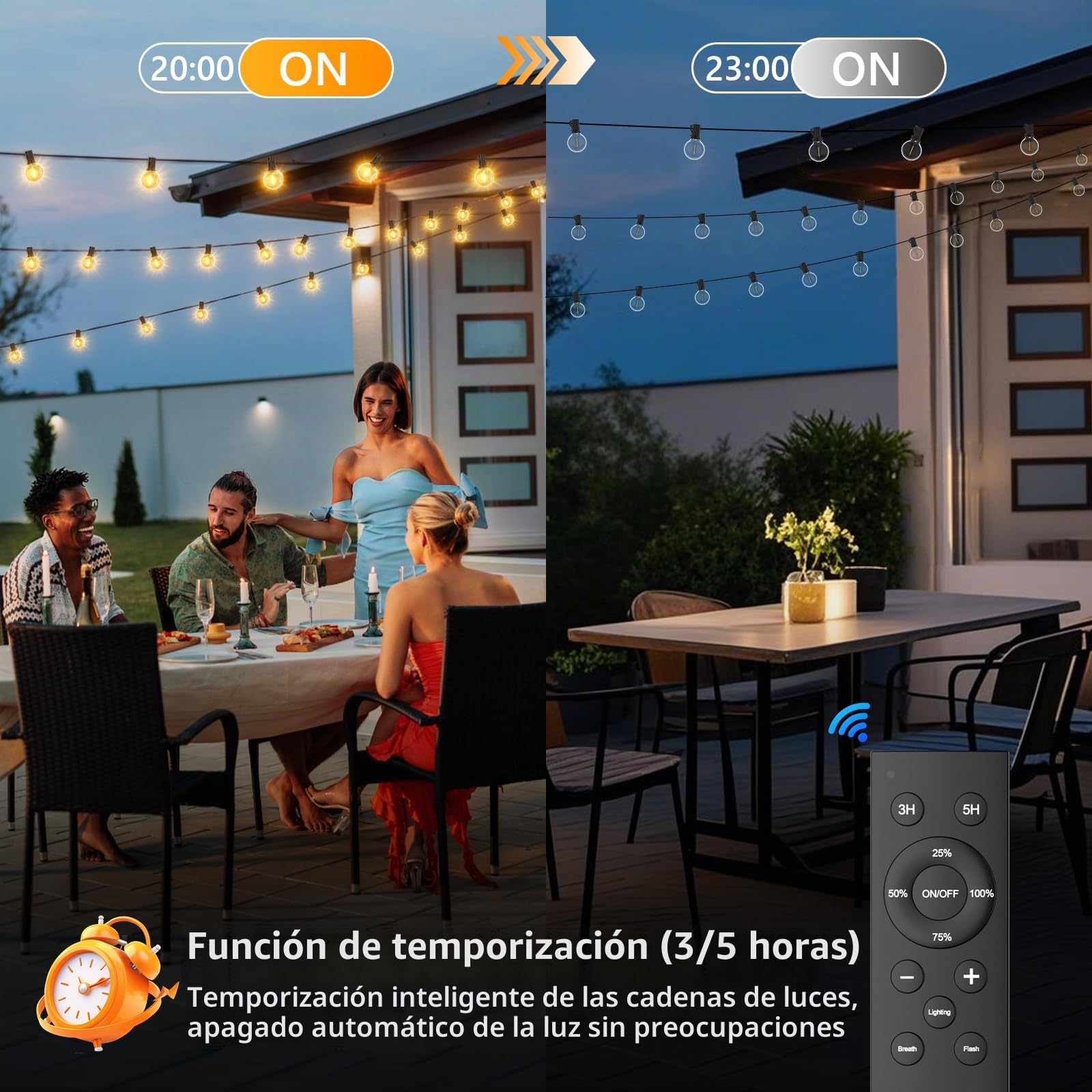 Guirnalda Luces Exterior Regulables Jardin 45.7M | con Control Remoto, 75+2 LED Bombillas, IP45 Impermeable, Baja Tensión 24V, Blanco Cálido para Patio, Balcón, Camping