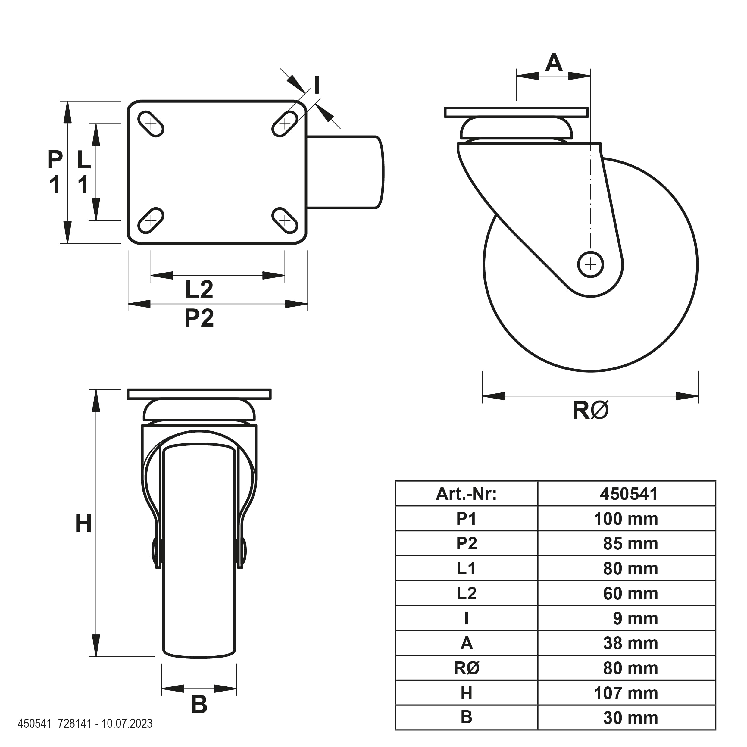 Dörner + Helmer Lot de 4 roulettes pivotantes en polypropylène 80 mm, plaque 100 x 85 mm, mélange de rouleaux, charge maximale 300 kg/set