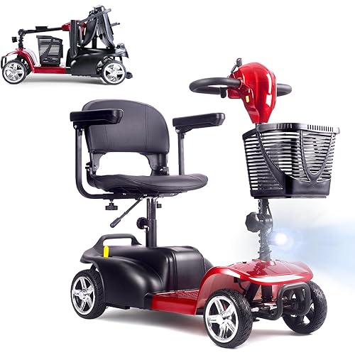 SAYYEAH 4 Wheels Mobility Scooter for Adults&Seniors, Max Speed:6mph, Mobility Scooter for Travel, with LED Headlights and Basket, Charger Included, (Purple/red/Blue/Silver) (RED)